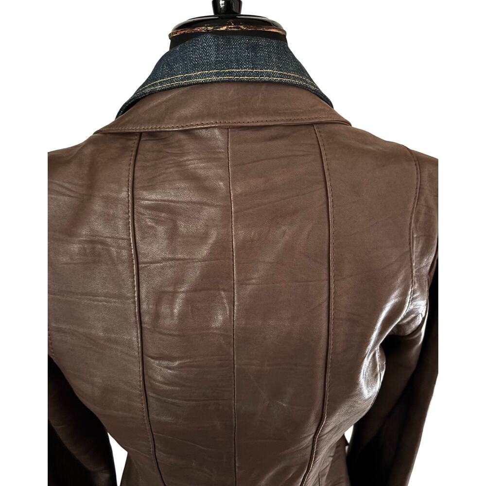 Cache Butter Brown Leather Denim Front Button Jacket 2 for 1 Lined $298 Sz 6 - Picture 7 of 8